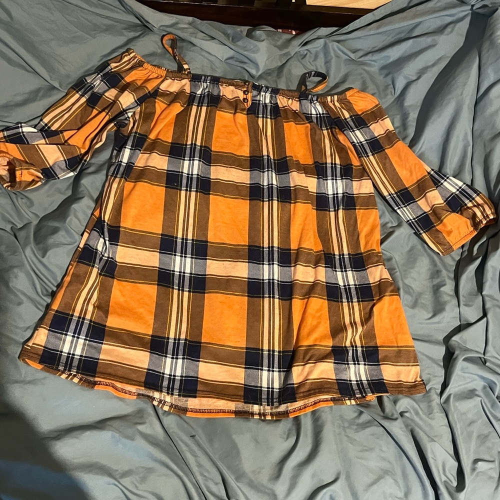 Orange and Blue Plaid Cold Shoulder Top